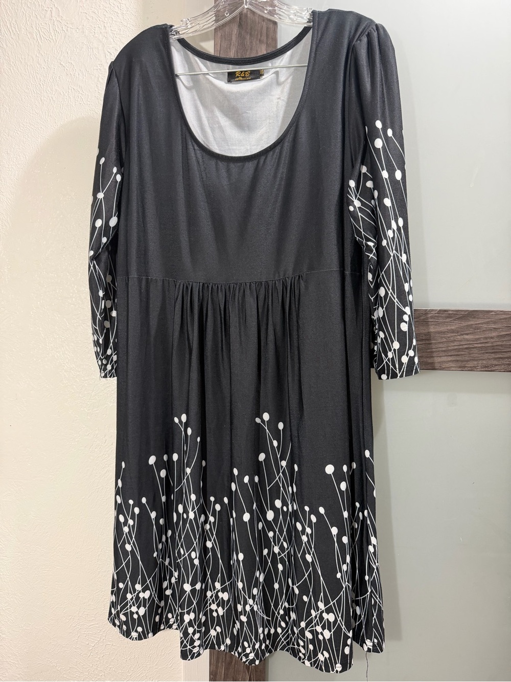 R&B Collection 2XL Black White Floral Print Long Sleeve Babydoll Dress